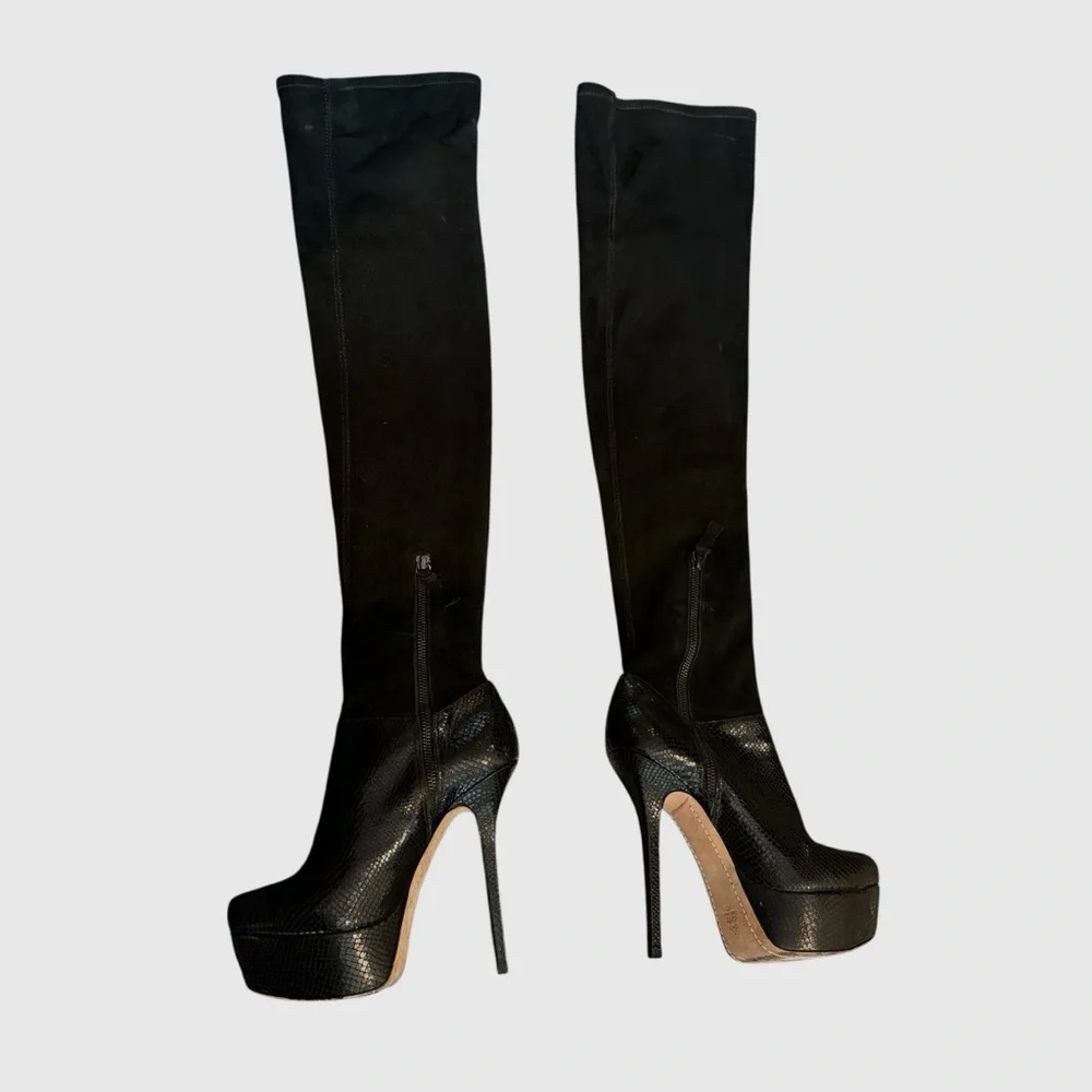 Alice + Olivia Black Thigh-High Platform Stiletto Over-the-Knee Leather Boots